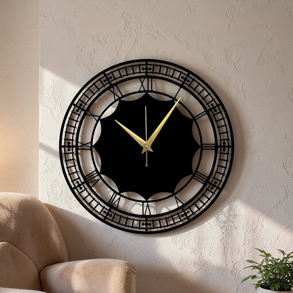 Modern Roman Metal Wall Clock – Matte Black & Gold Hands