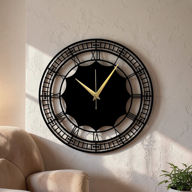Modern Roman Metal Wall Clock – Matte Black & Gold Hands