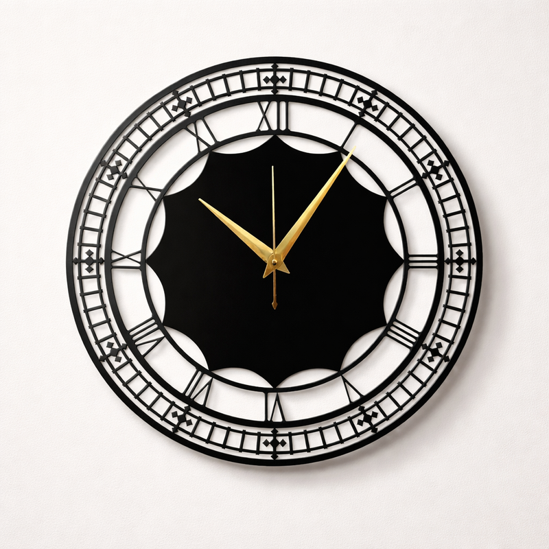 Modern Roman Metal Wall Clock – Matte Black & Gold Hands