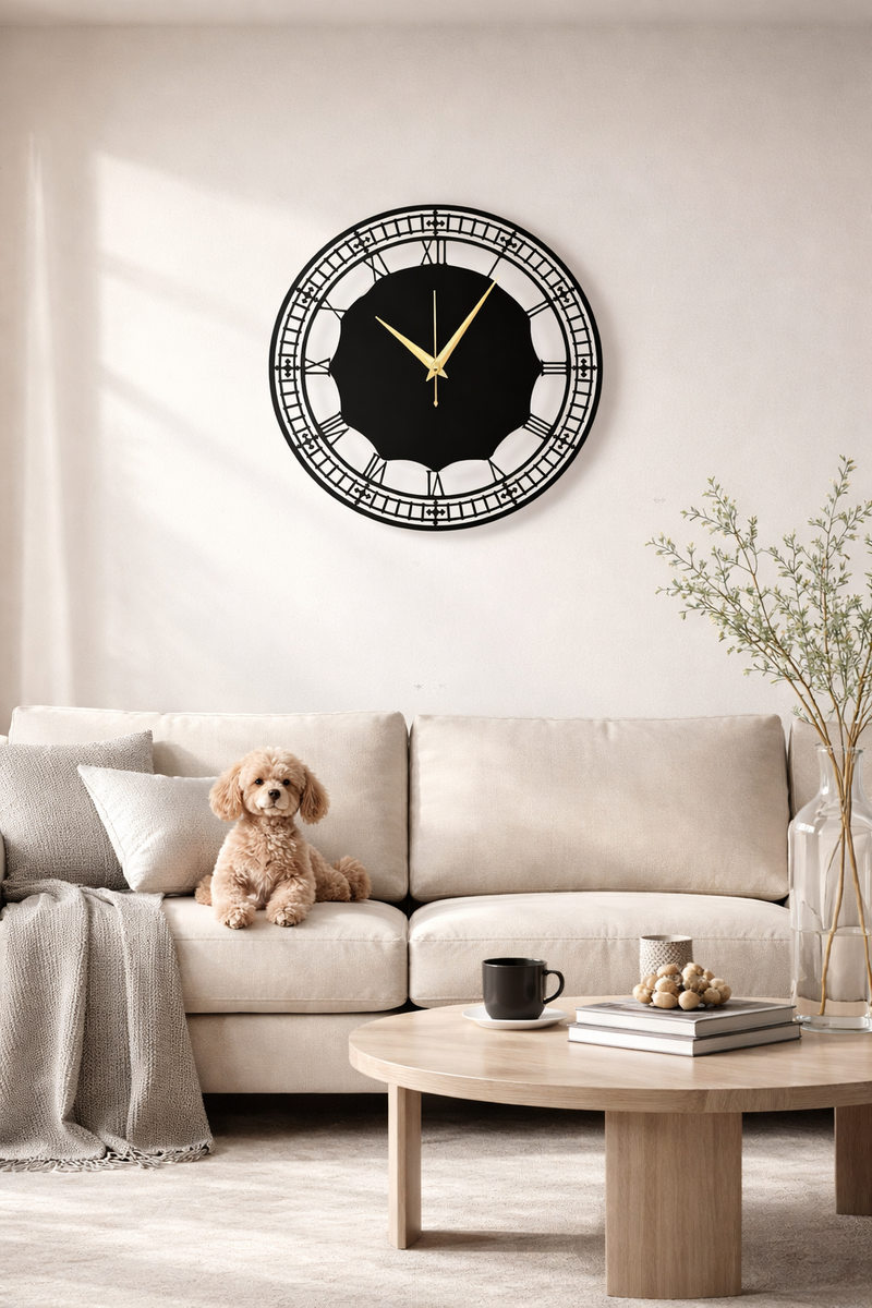 Modern Roman Metal Wall Clock – Matte Black & Gold Hands