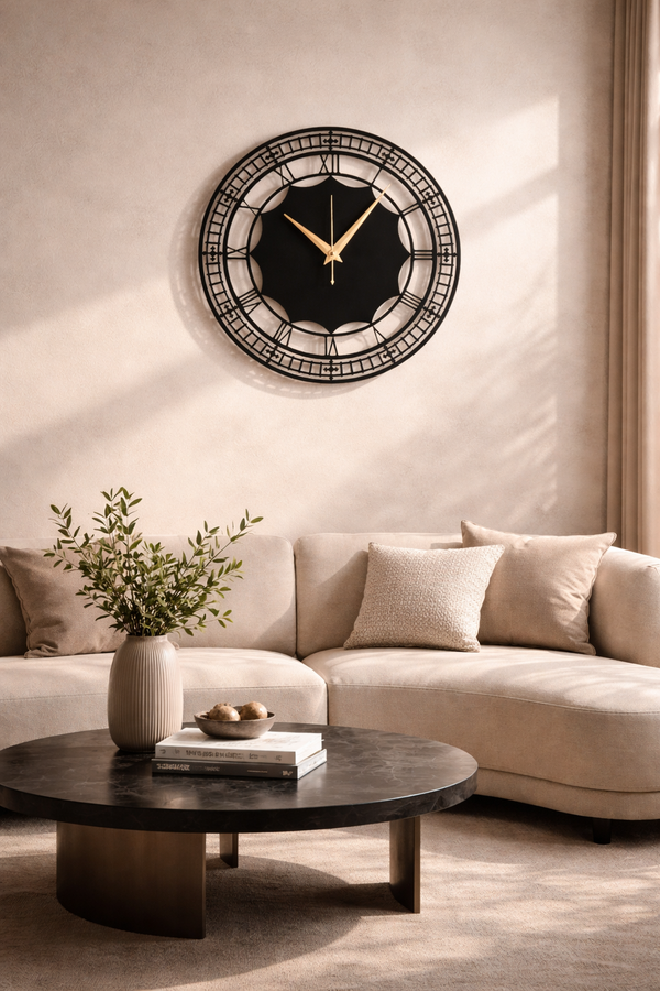 Modern Roman Metal Wall Clock – Matte Black & Gold Hands
