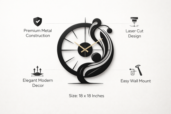 Laser cut metal wall clock features