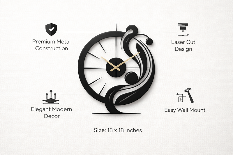 Laser cut metal wall clock features