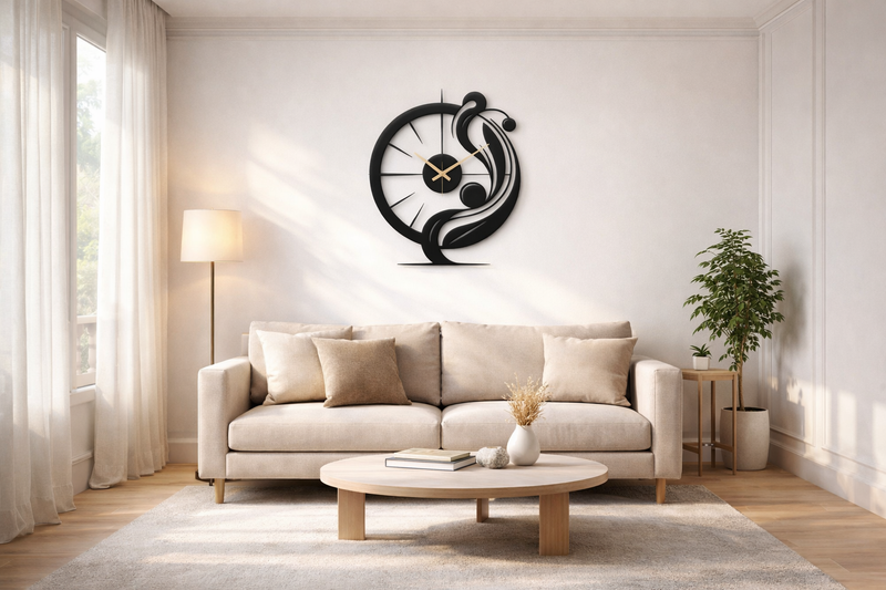 Metal wall clock in living room